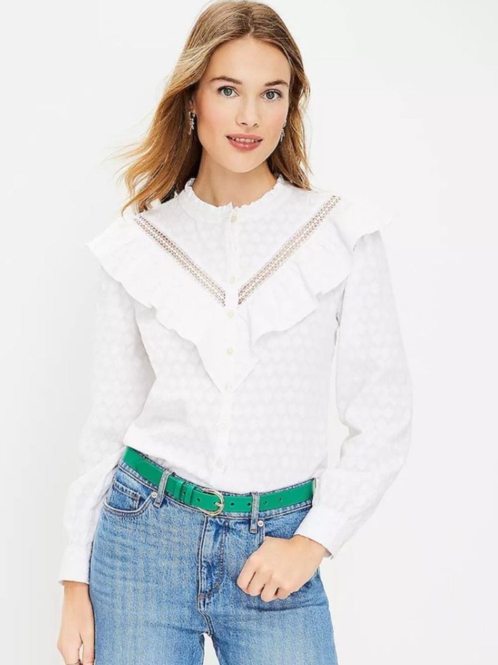 LOFT Ann Taylor Ruffle Button Down Peasant Cottagecore Blouse Top Textured
